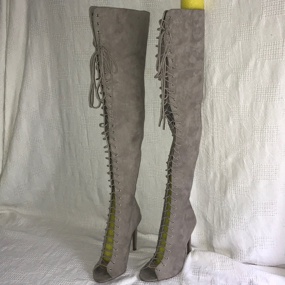 Grey Lace Up Thigh High *high heel* Boots